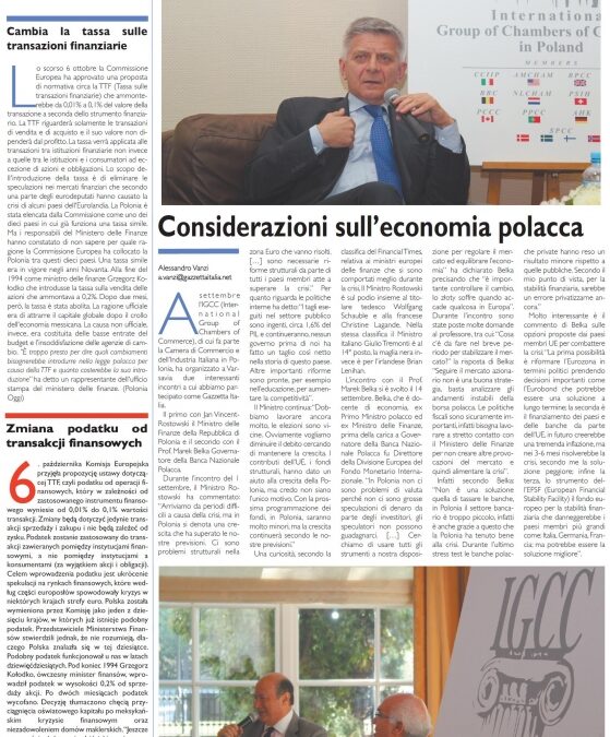 GAZZETTA ITALIA – Considerazioni sull’economia polacca – Incontro  IGCC con il Ministro Jacek  Rostowski e il prof. Marek  Belka, Presidente NBP