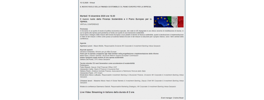 Virtual Conference: Il nuovo ruolo della Finanza Sostenibile e il Piano Europeo per la ripresa